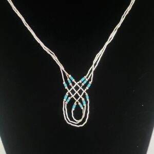 Liquid Silver 3 Strand Braided Necklace With Turquoise Beading